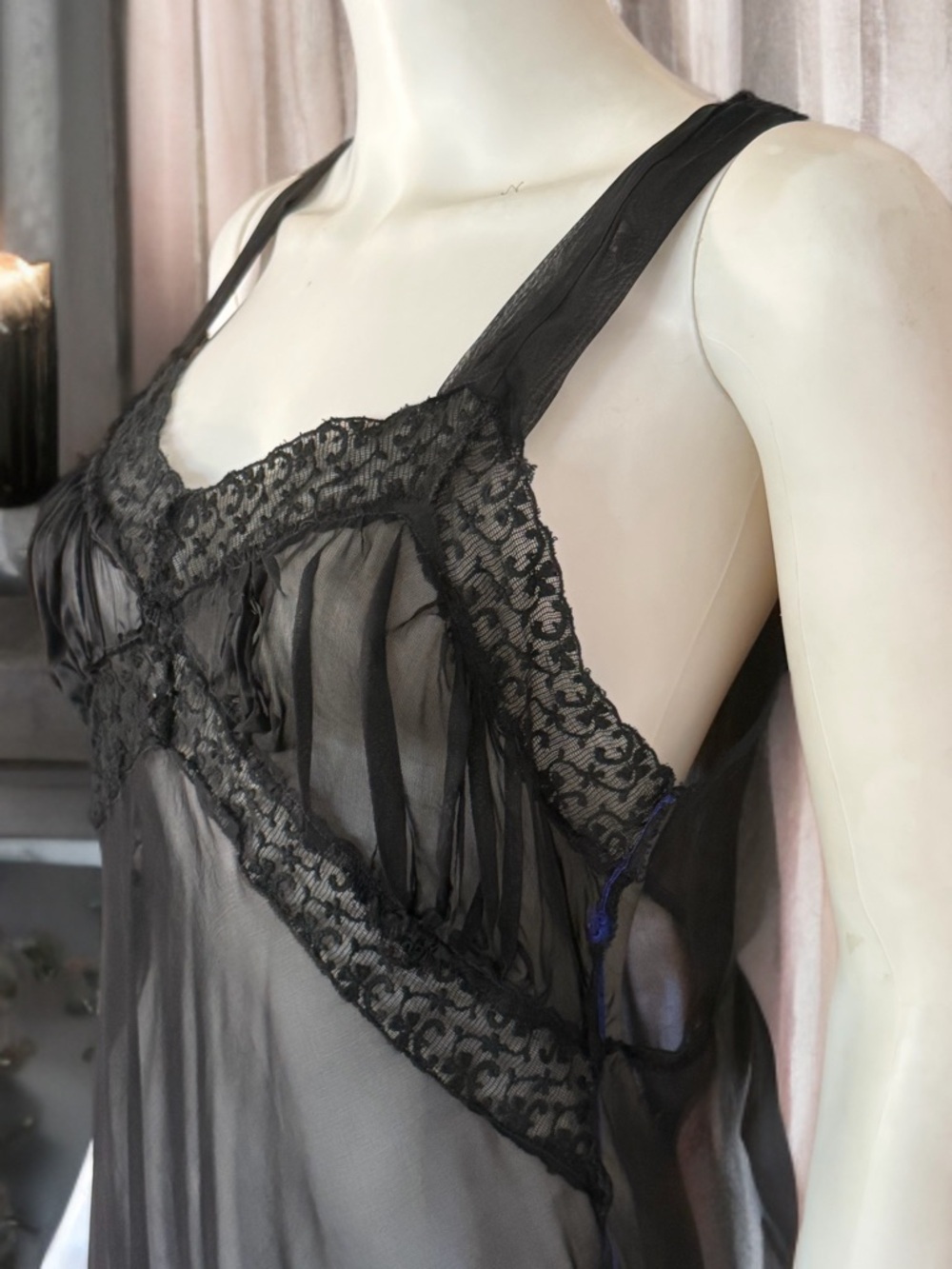 Vintage Black Sheer Lace-Trim Bias CutLong Slip Nightgown